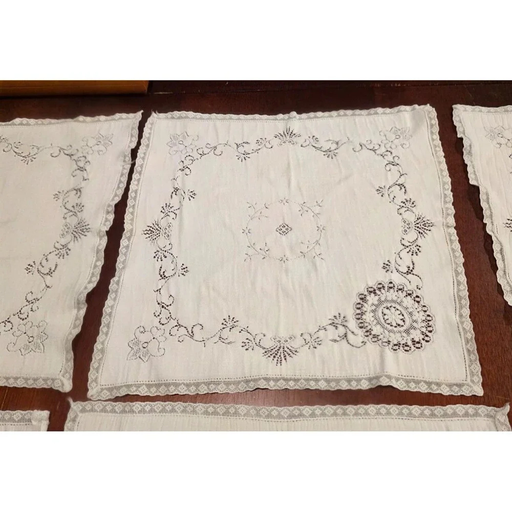 Vintage Cotton Cutwork Napkins Lace Floral Pattern Set of 6 - 14